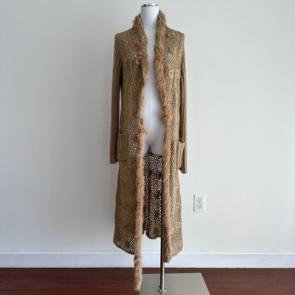 Vintage Sweaters - Dolce Cabo Crochet Duster Cardigan Large Y2K Fur Trim Boho Festival Artsy Indie